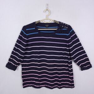 Talbots Top Sweater Womens Size 2XP Navy Blue Stripped Pullover Lace Up Shoulder